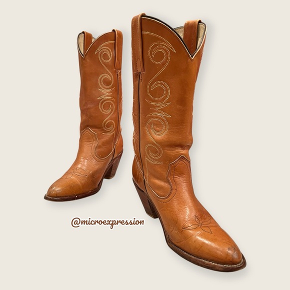 1980 RARE VINTAGE Frye Leather Pull On Brown Tan Embroidered Cowboy Western Boot - Picture 4 of 12